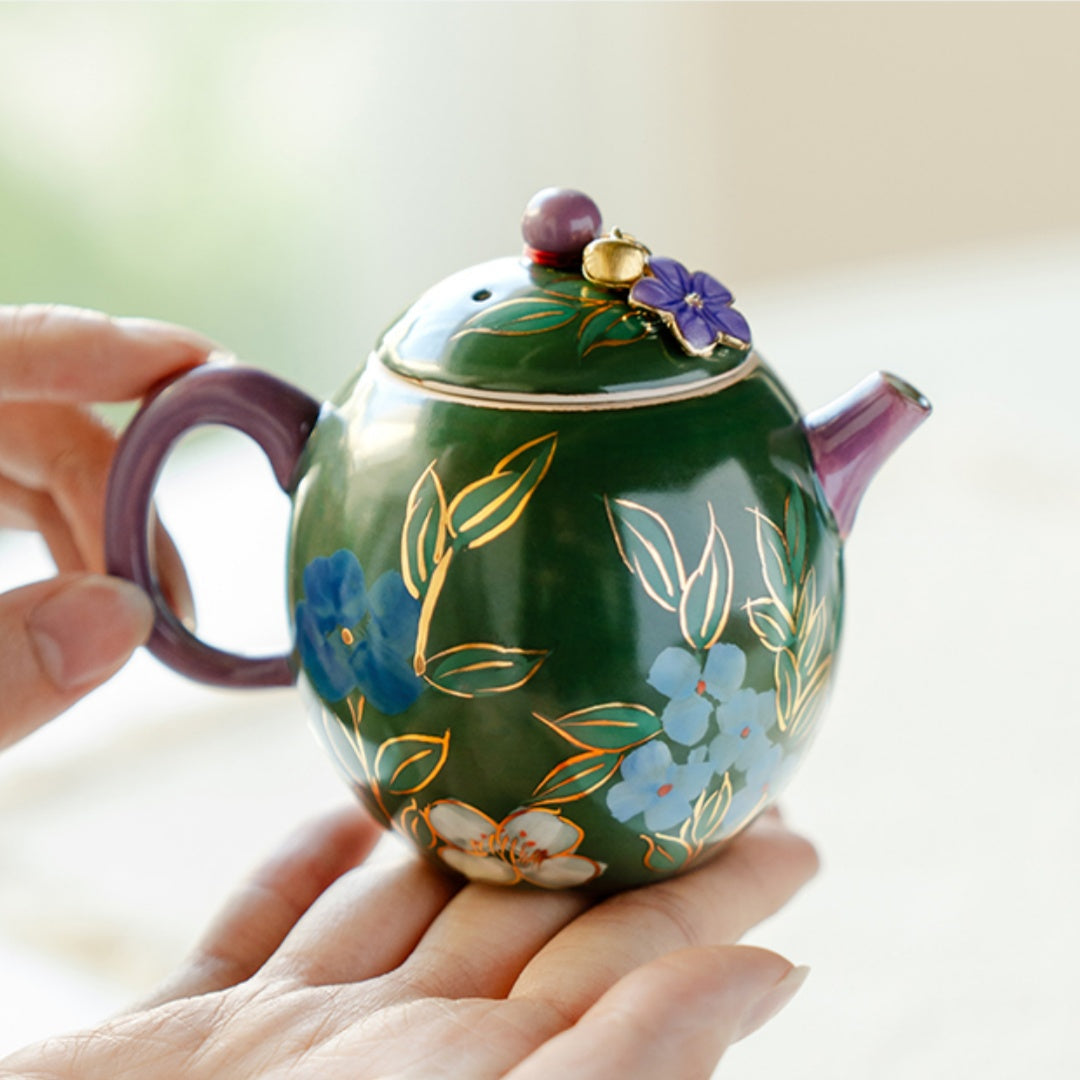 Premium Gongfu Tea Set - Handcrafted Emerald Green Porcelain with Hand-Painted Jasmine Motif