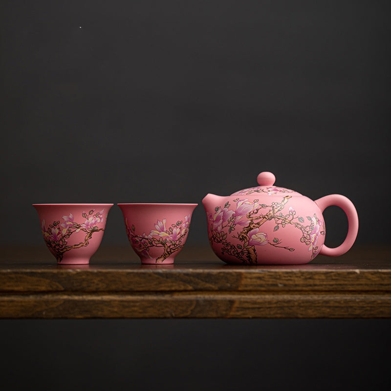 Handcrafted Pink Purple Sand Xi Shi Tea Set 1 Teapot 190ml, 2 Cups 50ml for each - Traditional Chinese Kung Fu Tea Ceremony Set with One Pot and Two Cups