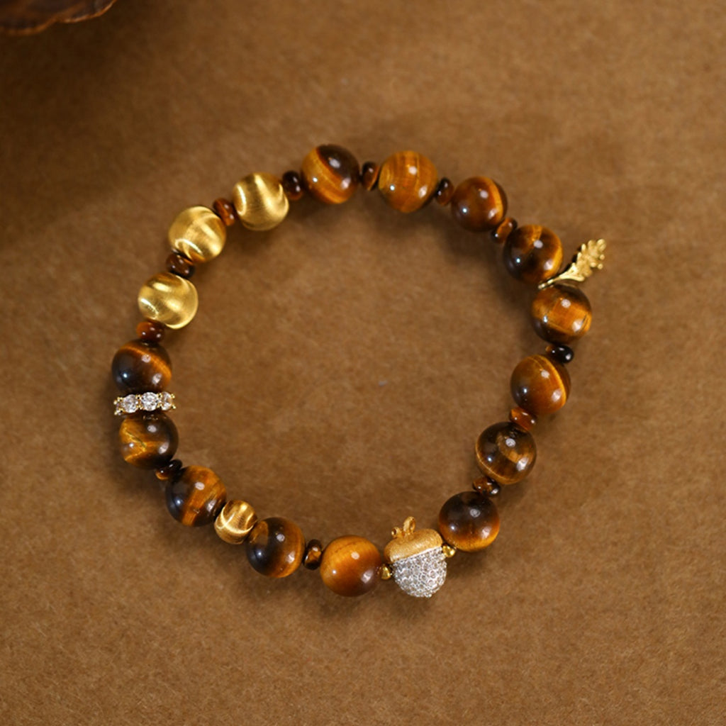 Squirrel & Hazelnut Original Design Retro Style Tiger's Eye Stone Bracelet - Sterling Silver Gold-Plated Hand Chain