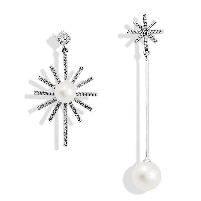 Asymmetrical Starburst and Pearl Drop Earrings - 925 Sterling Silver