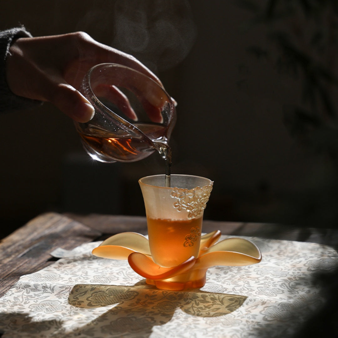 Autumn Fragrance Ancient Glass Osmanthus Tea Cup and Coaster Set