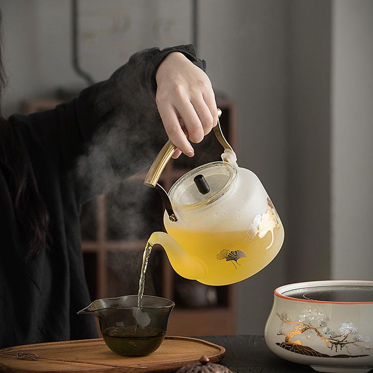 White Gingko Glass Teapot with Stove