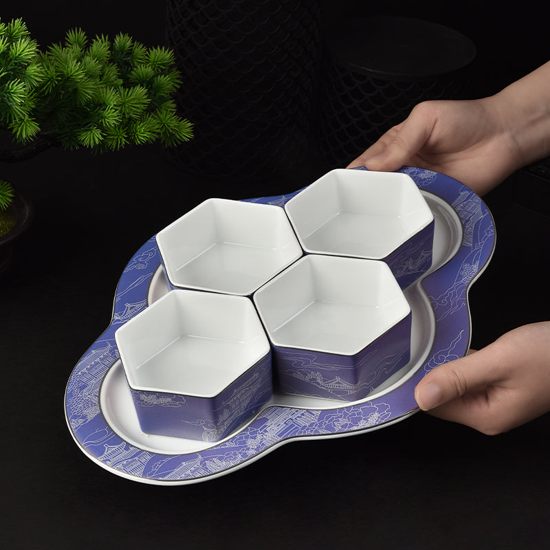 New Chinese Style Ceramic Hexagonal Snack Bowl Set