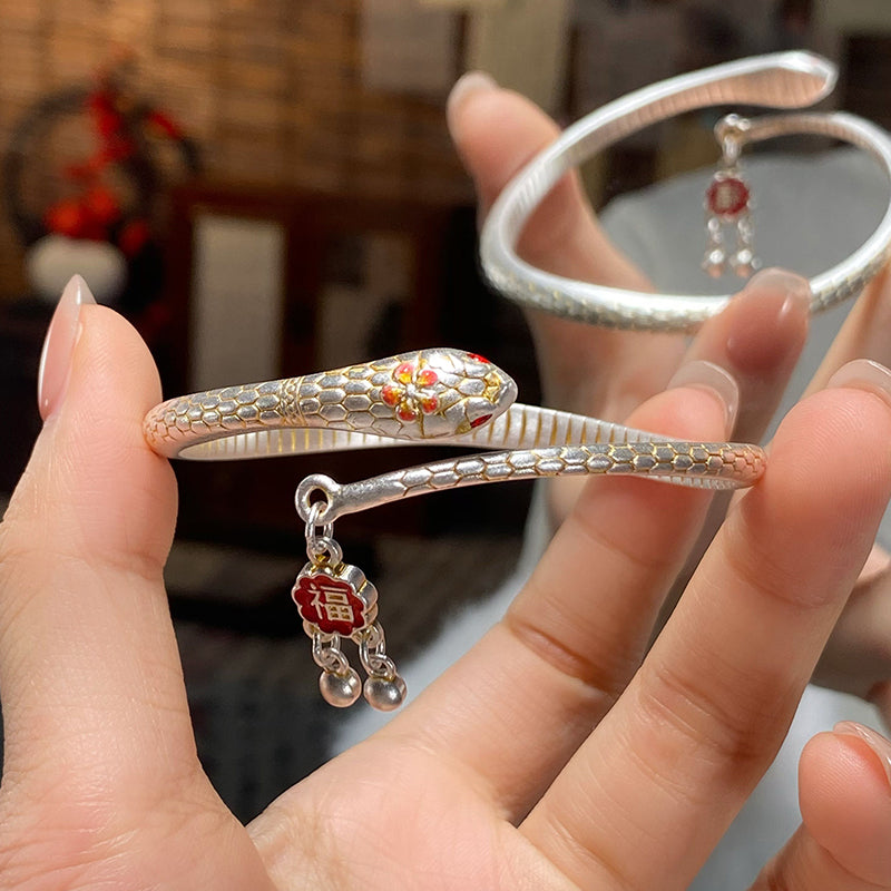 999 Pure Silver Gold-Plated Peach Blossom Snake Bangle - Lucky Year Bracelet for Women