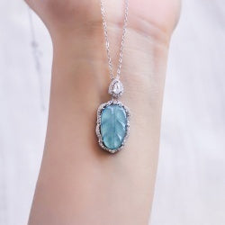Natural Leaf Shaped Blue Aquamarine Pendant Necklace S925 Sterling Silver with Extendable Chain