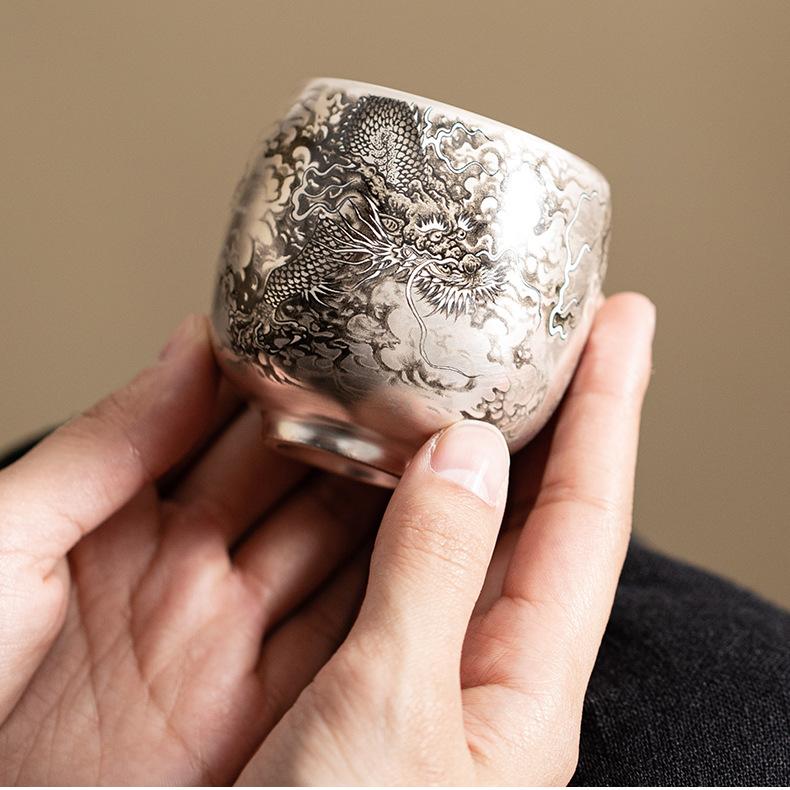 Dragon-Patterned Silver-Glazed Tea Cup