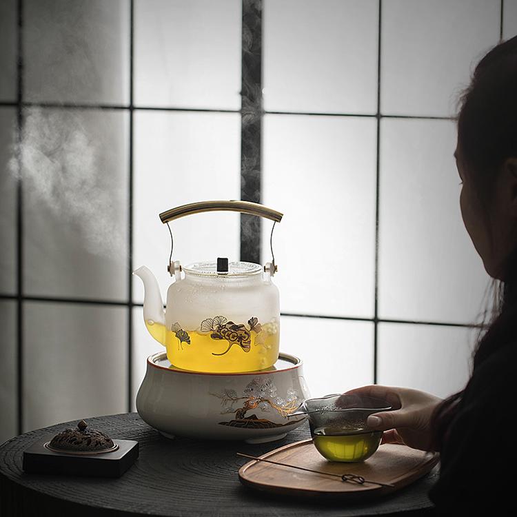 White Gingko Glass Teapot with Stove