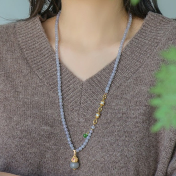 Elegant Natural Hetian Jade Lavender Gourd Pendant Necklace