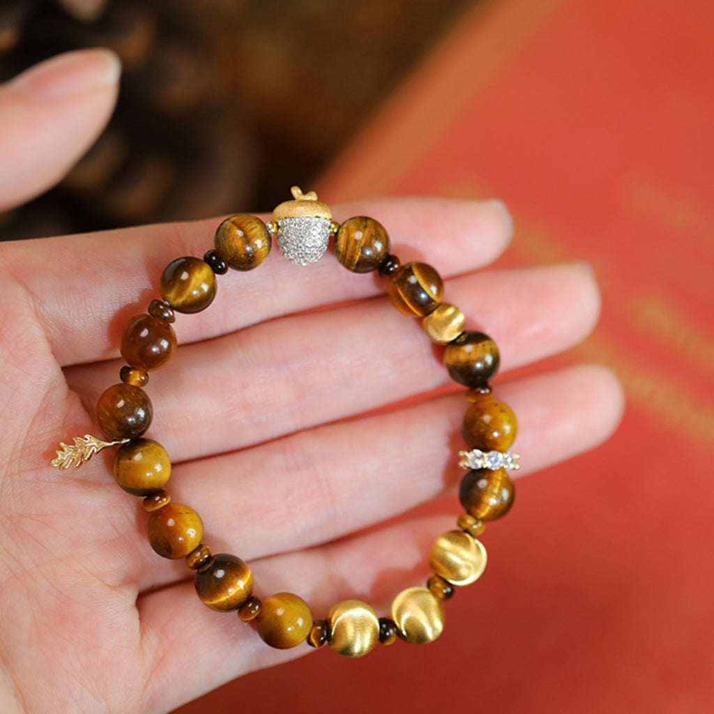 Squirrel & Hazelnut Original Design Retro Style Tiger's Eye Stone Bracelet - Sterling Silver Gold-Plated Hand Chain