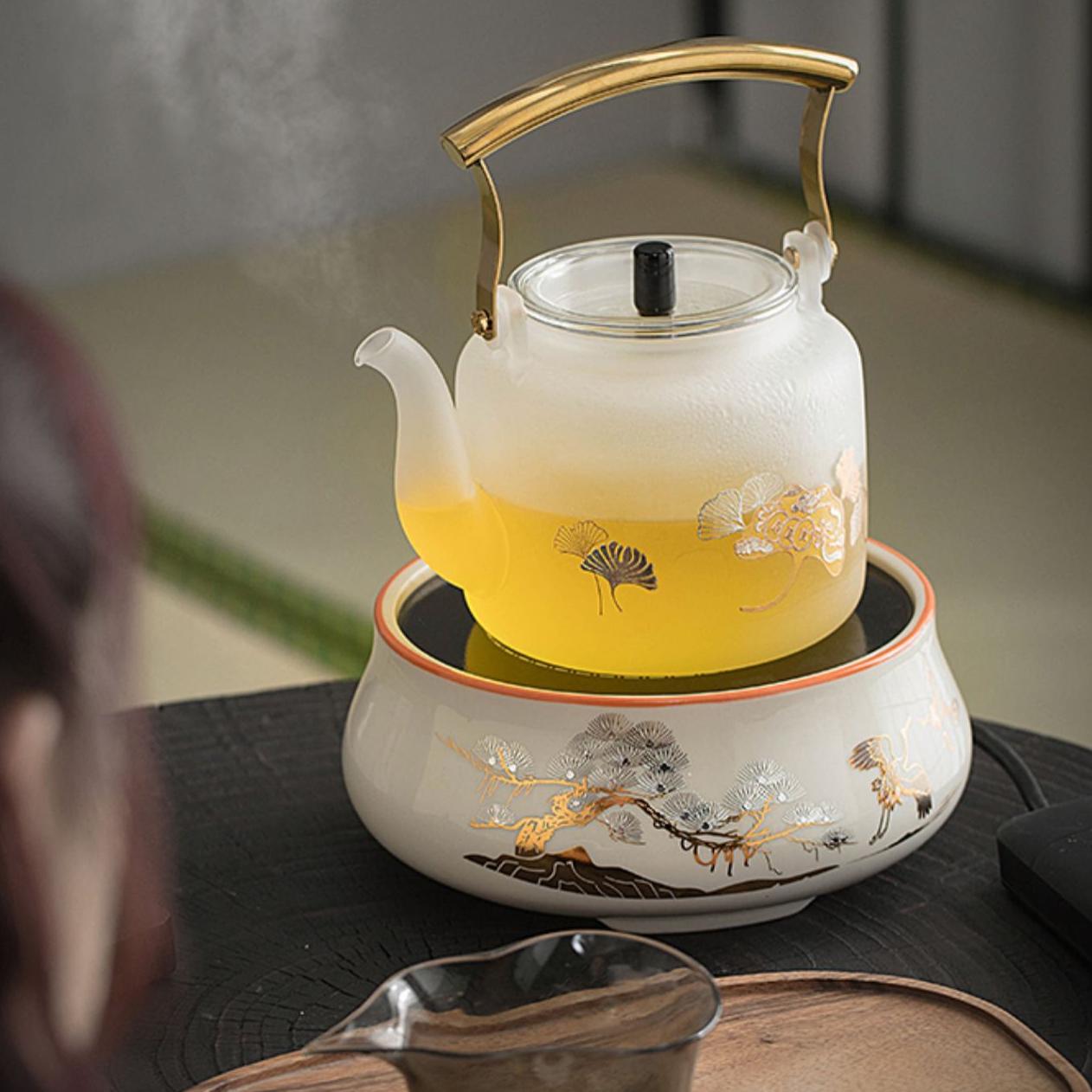 White Gingko Glass Teapot with Stove