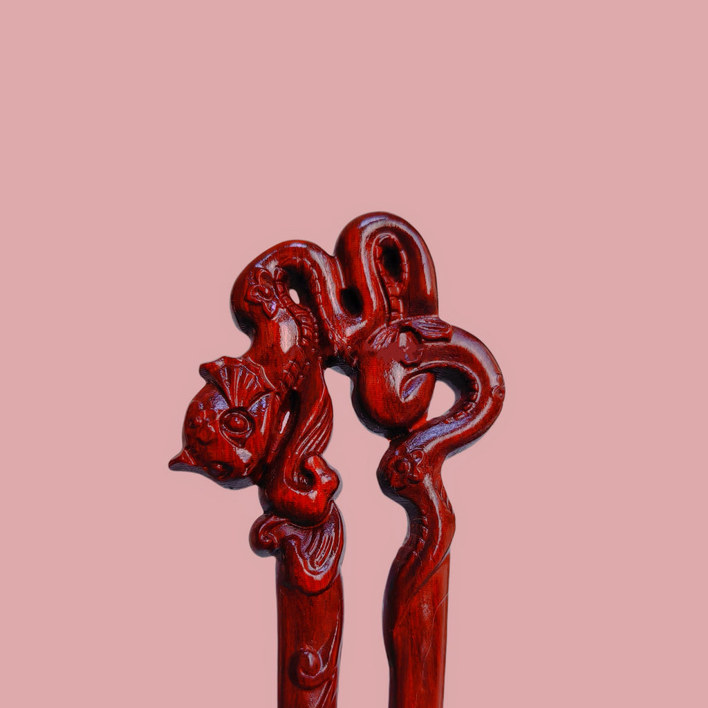 Rosewood Snake Hairpin U-shaped Double Hair Stick for Chinese New Year