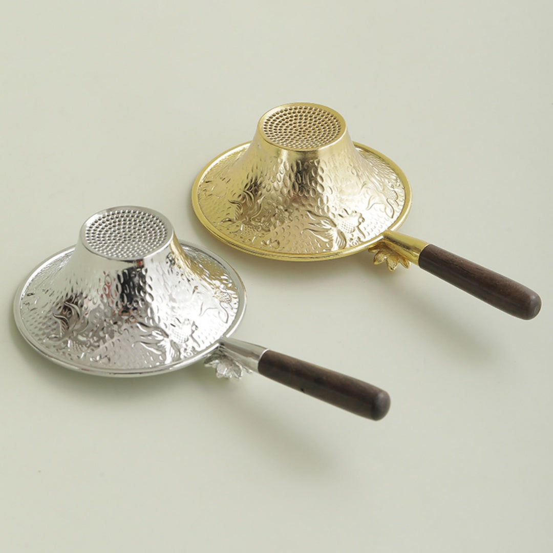 Premium Koi & Plum Blossom Tea Strainer - Alloy Filter with Wooden Handle