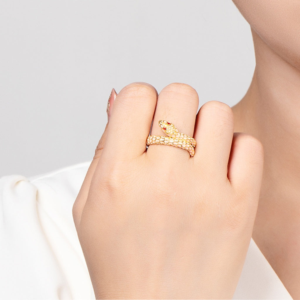 18K Gold Snake Ring With Enamel And Cubic Zirconia - Elegant Snake-Inspired Jewelry For Women