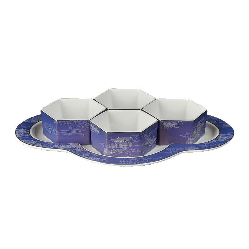 New Chinese Style Ceramic Hexagonal Snack Bowl Set