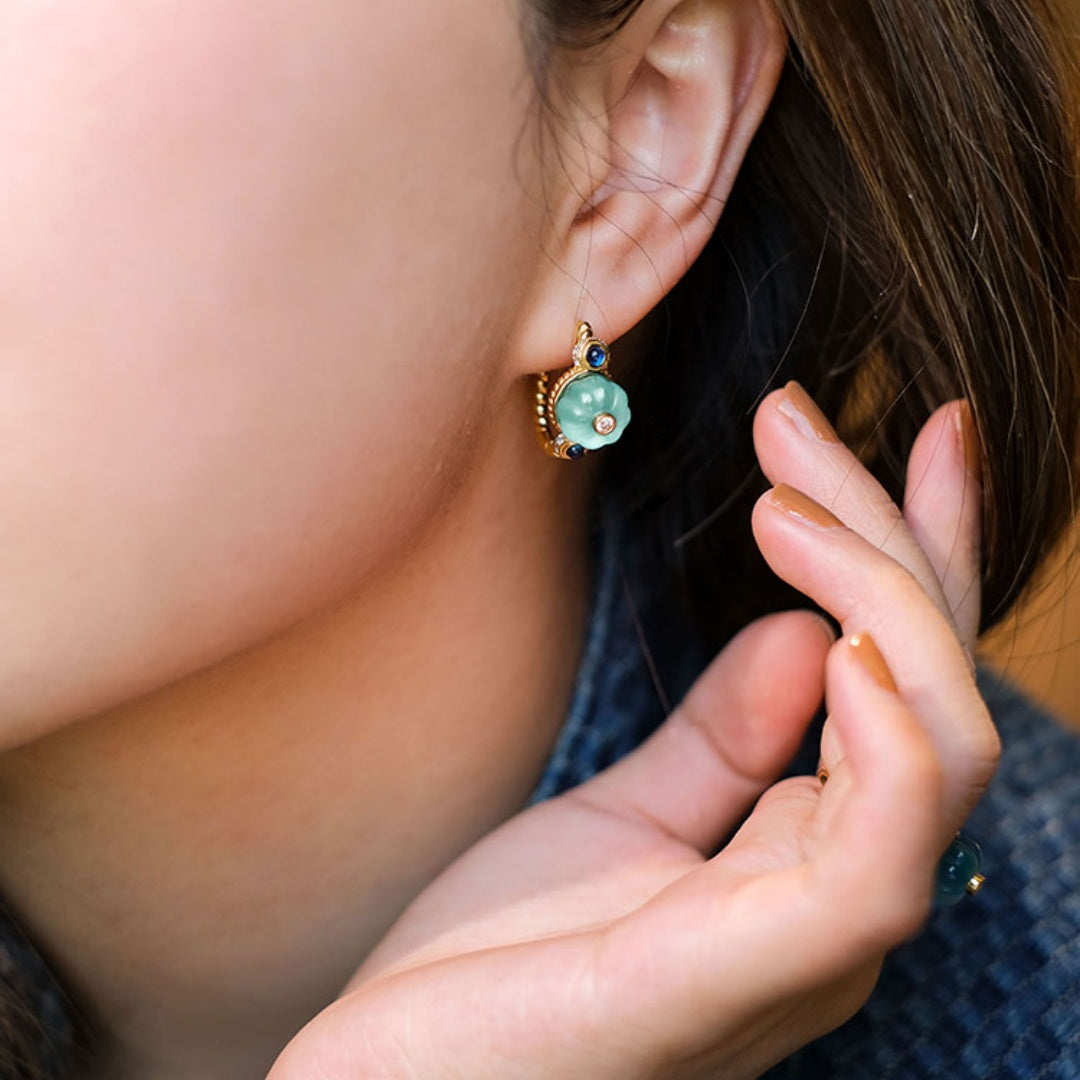 Mint Candy Retro Palace-Style Luxury Cat's Eye Stone Earrings Sterling Silver Ear Cuffs