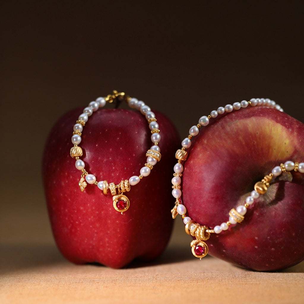 Fortune's Turn New Year Retro Design Natural Pearl & Red Garnet Sterling Silver Bracelet