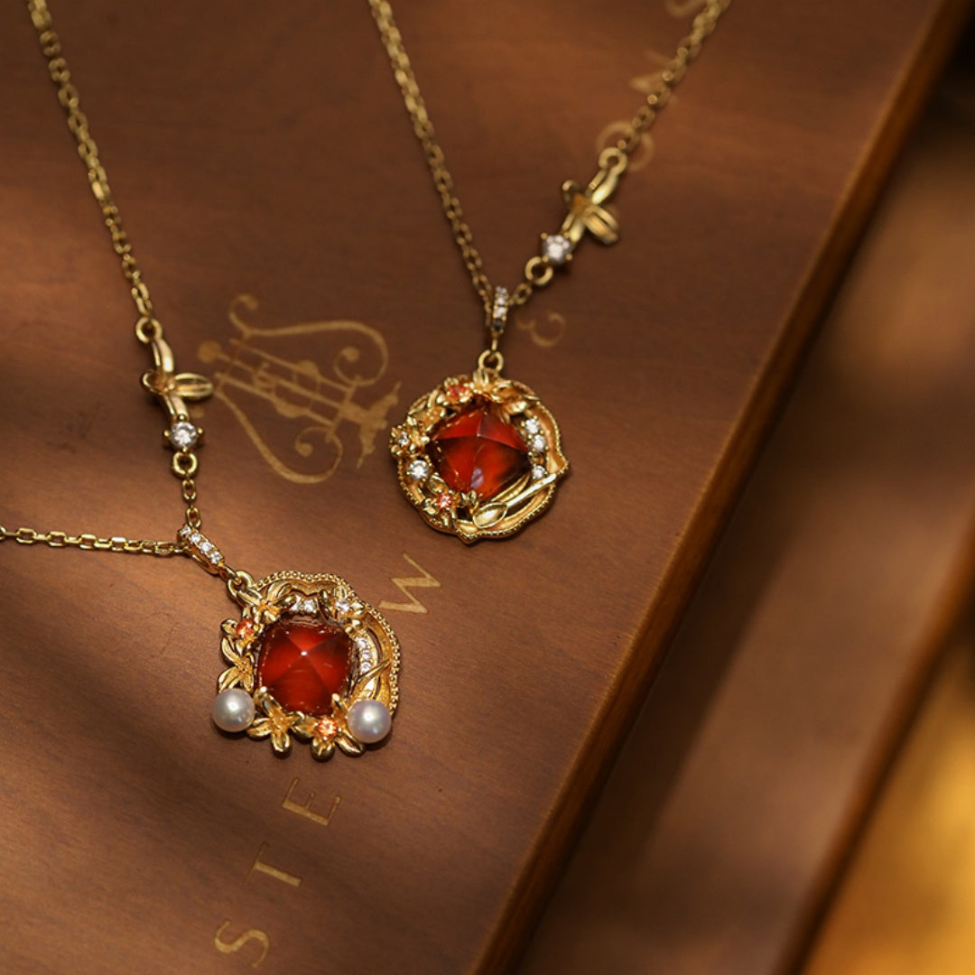 Osmanthus Pudding Garnet Sugar Loaf Cut Necklace - Vintage Sterling Silver Collarbone Chain for Women