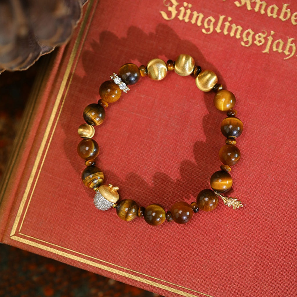 Squirrel & Hazelnut Original Design Retro Style Tiger's Eye Stone Bracelet - Sterling Silver Gold-Plated Hand Chain