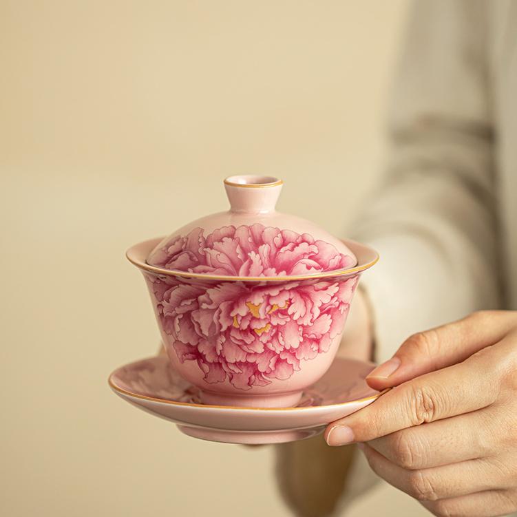 Pink Peony Ceramic Gaiwan
