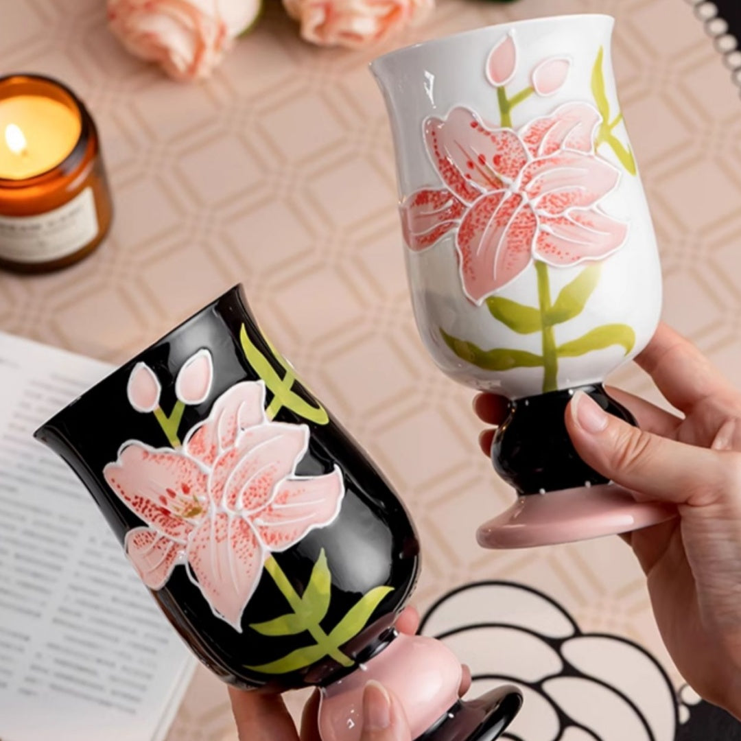 Ceramic Mug - Hand-Painted Lily & Orchid Design