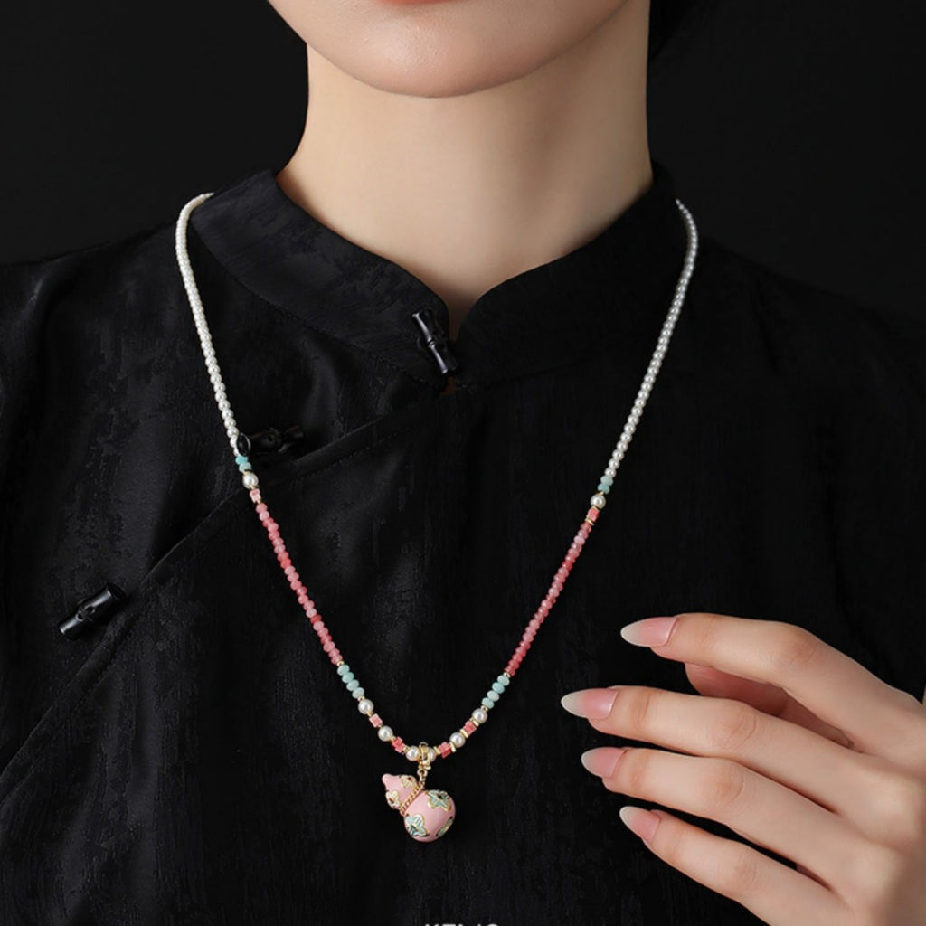 Enamel Gourd Pearl Necklace – Contemporary Chinese Cloisonné Pendant with Natural Gemstones