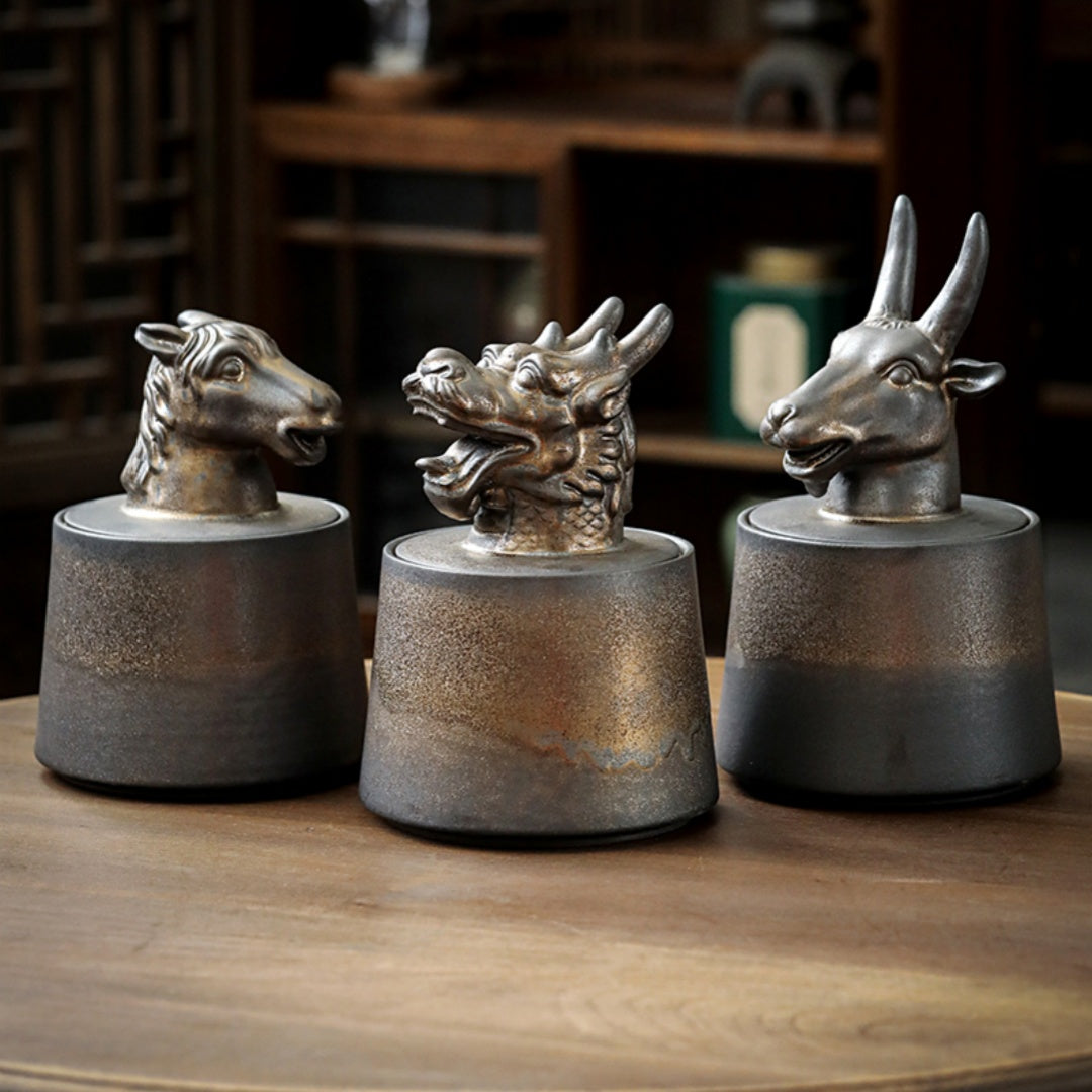 Gilded Zodiac Tea Caddy - 12 Chinese Animal Sign Ceramic Storage Jar