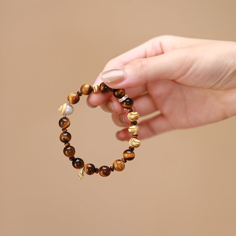 Squirrel & Hazelnut Original Design Retro Style Tiger's Eye Stone Bracelet - Sterling Silver Gold-Plated Hand Chain