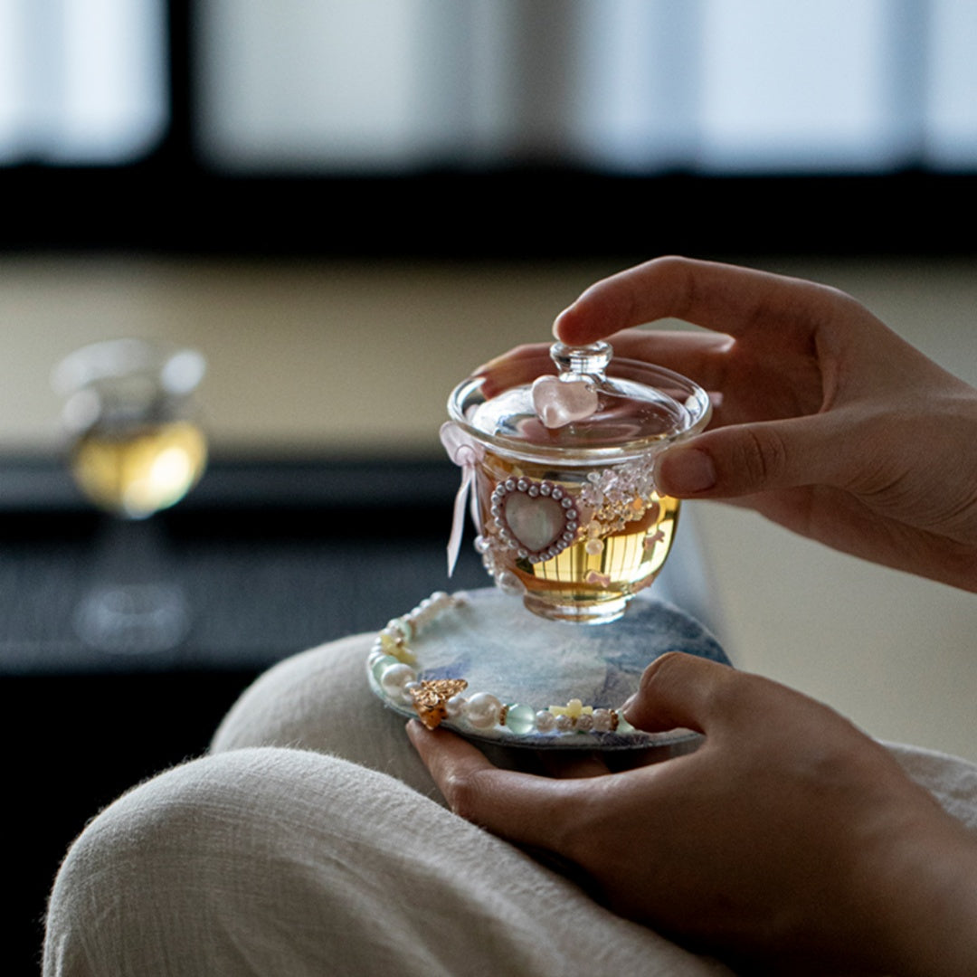 Crystal Heart Glass Gaiwan - Heat-Resistant Lidded Tea Bowl Set