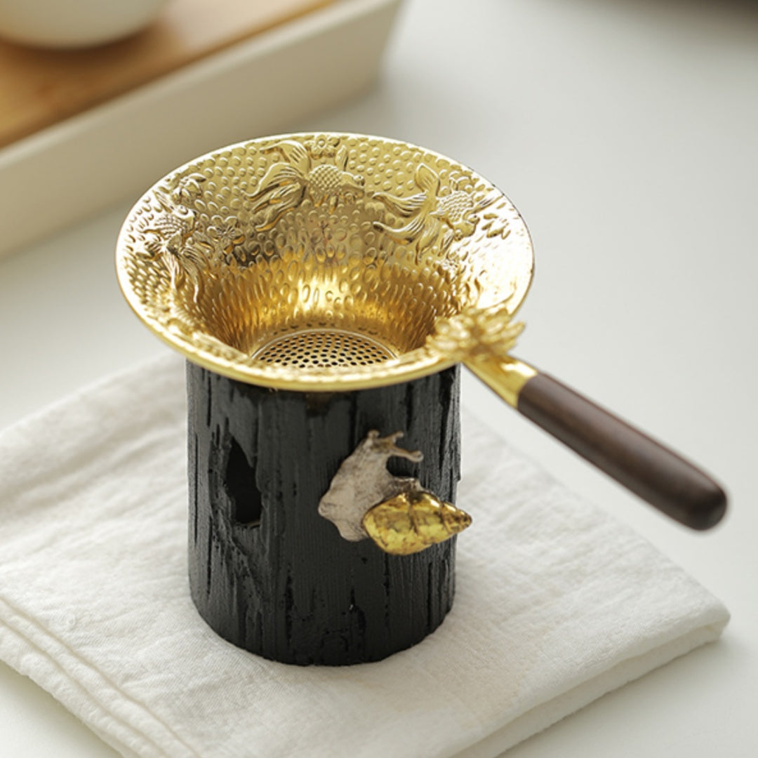 Premium Koi & Plum Blossom Tea Strainer - Alloy Filter with Wooden Handle