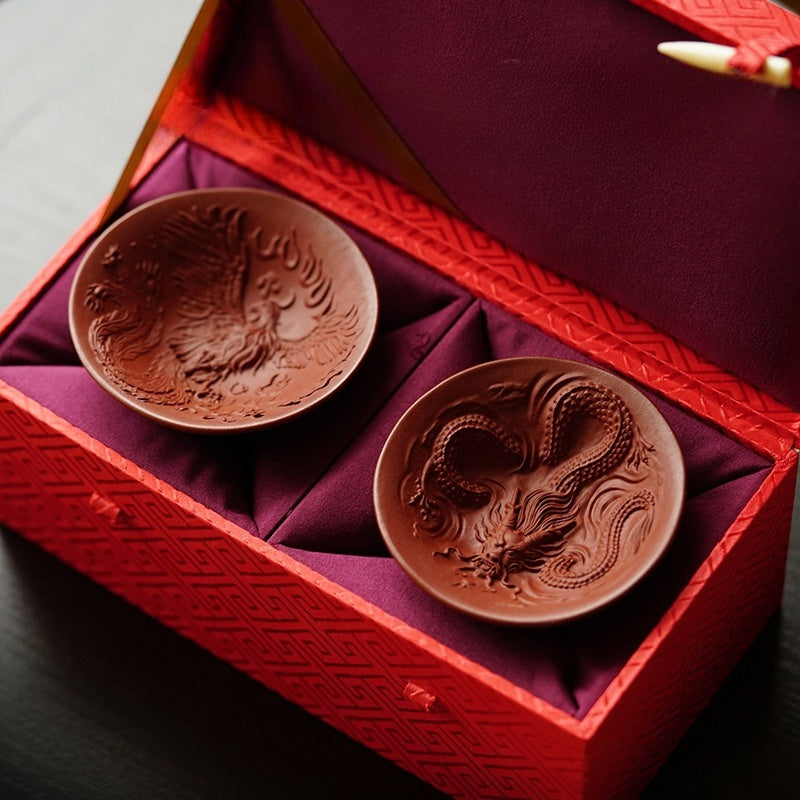 Yixing Purple Clay Dragon And Phoenix Pair Cups