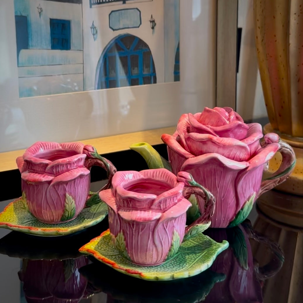 Glaze Rose Ceramic Tea Set - Teapot with Two Cups