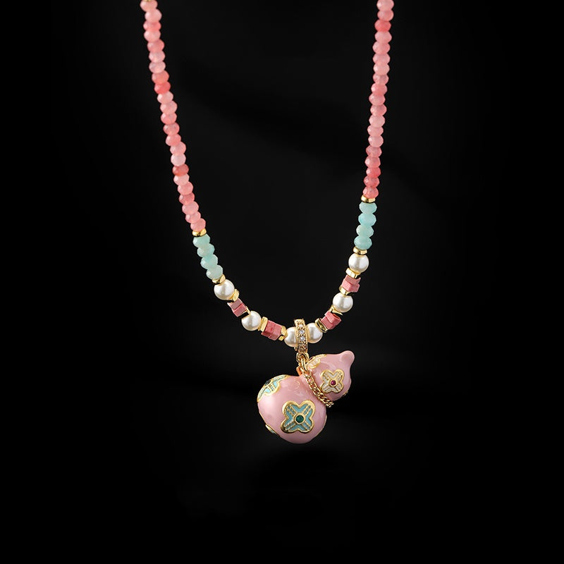 Enamel Gourd Pearl Necklace – Contemporary Chinese Cloisonné Pendant with Natural Gemstones