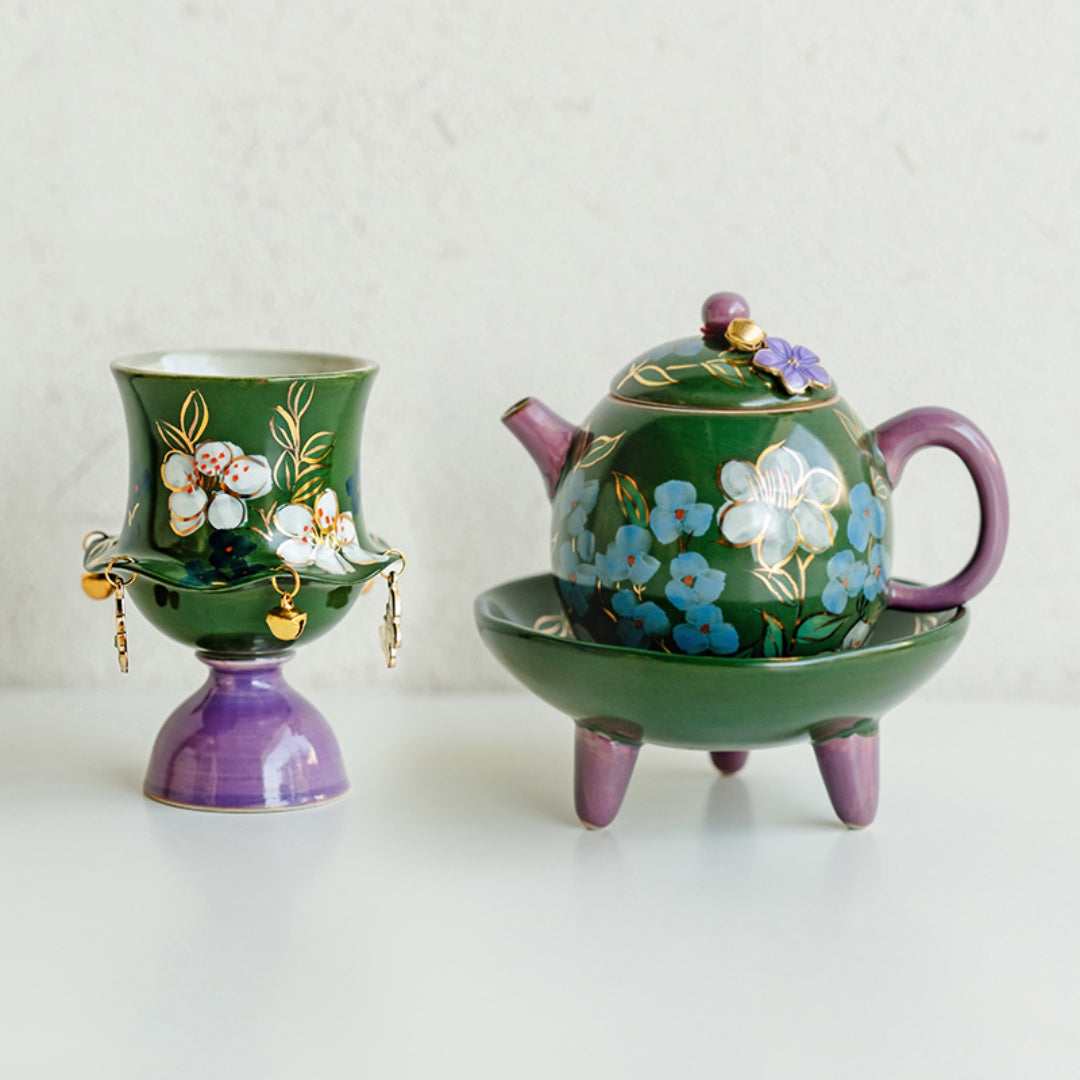 Premium Gongfu Tea Set - Handcrafted Emerald Green Porcelain with Hand-Painted Jasmine Motif
