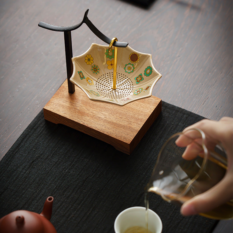 Umbrella-Shaped Ceramic Tea Filter - Creative Tea Leaf Strainer with Stand