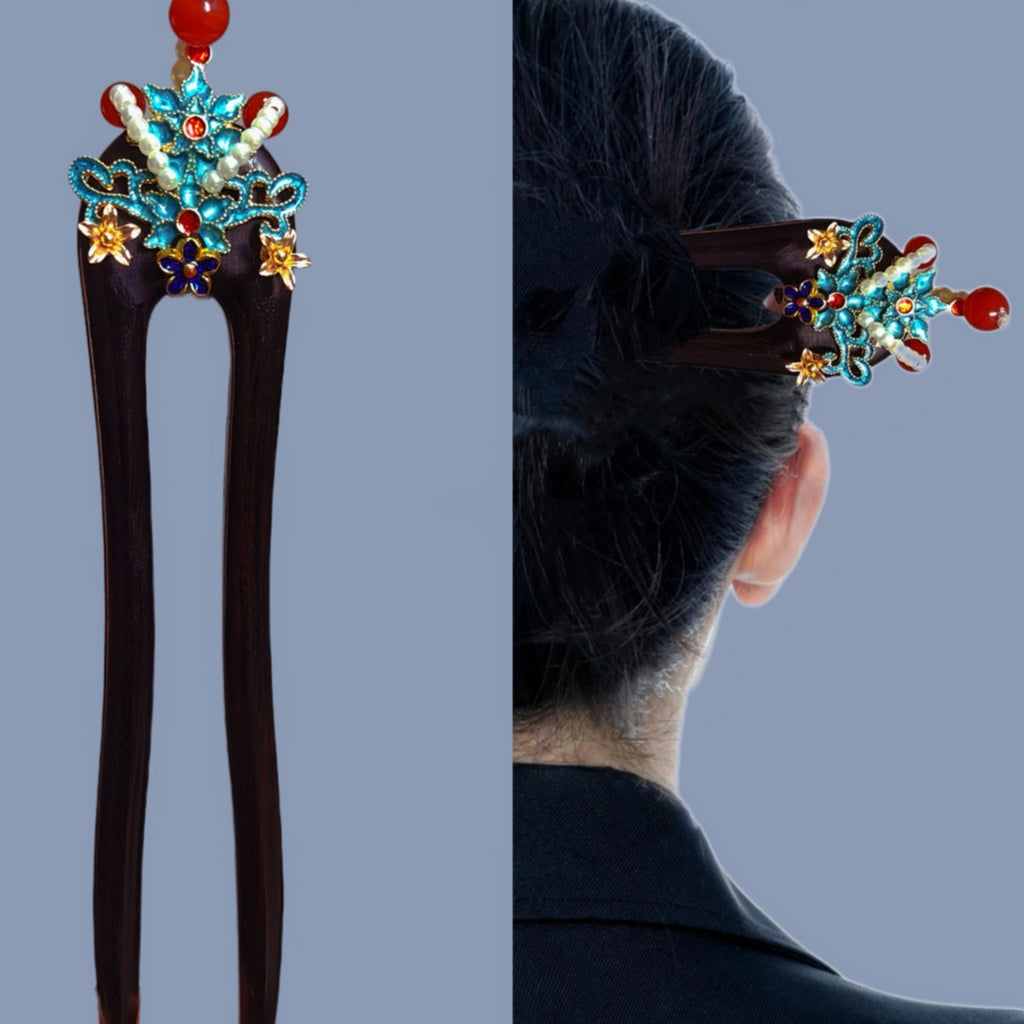 Natural Black Sandalwood Hairpin with Exquisite Agate Inlay Crown Design Hair Stick