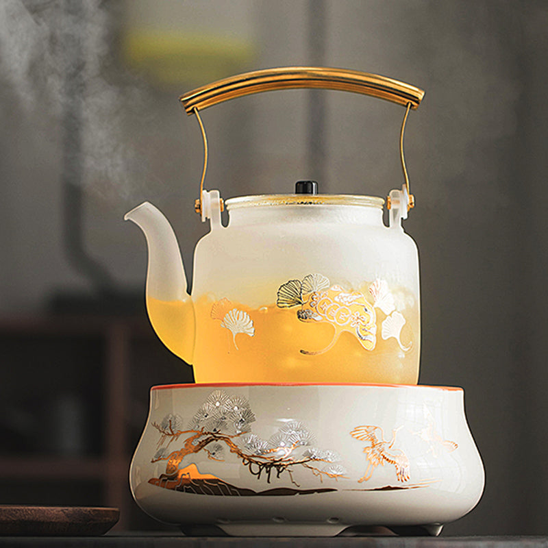 White Gingko Glass Teapot with Stove