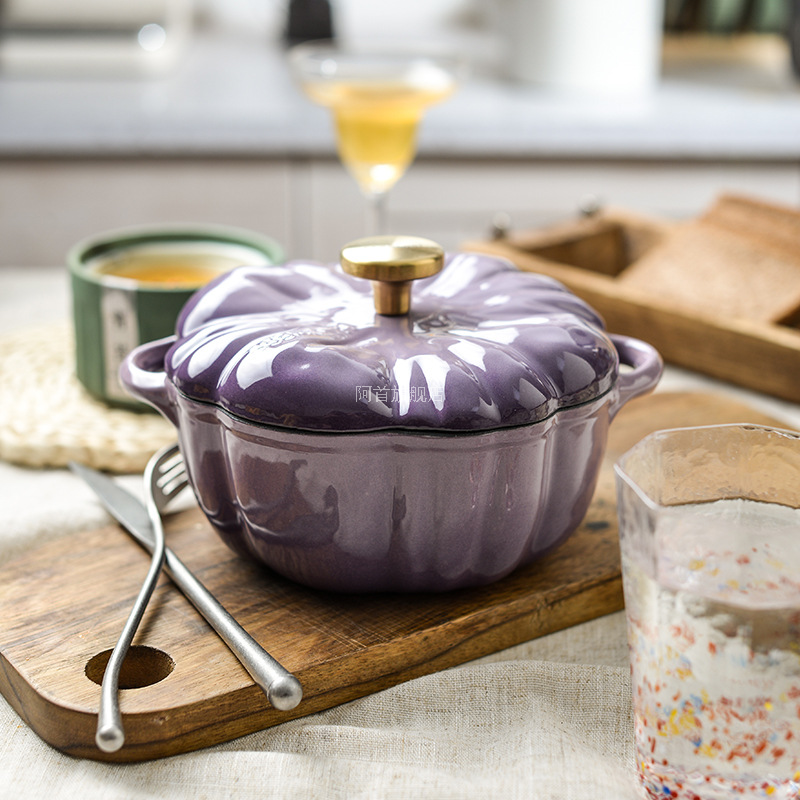 Purple Gradient Pumpkin-Shaped Enamel Pot with White Interior