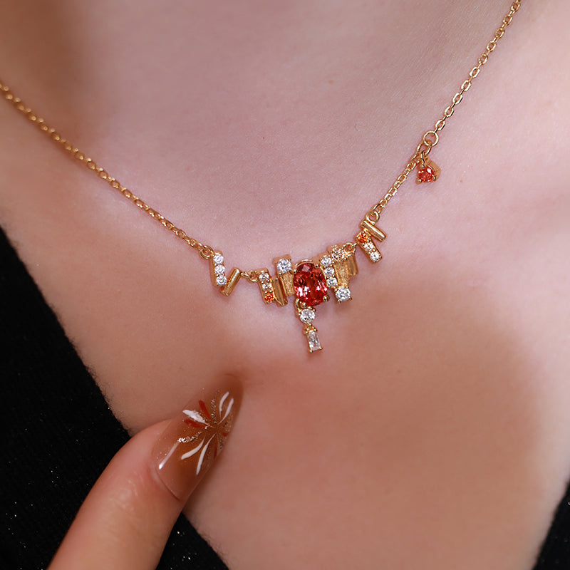 Floating Light and Golden Glow Cultured Sapphire in Padparadscha Color, Retro Sterling Silver Necklace and Ear Cuff Set