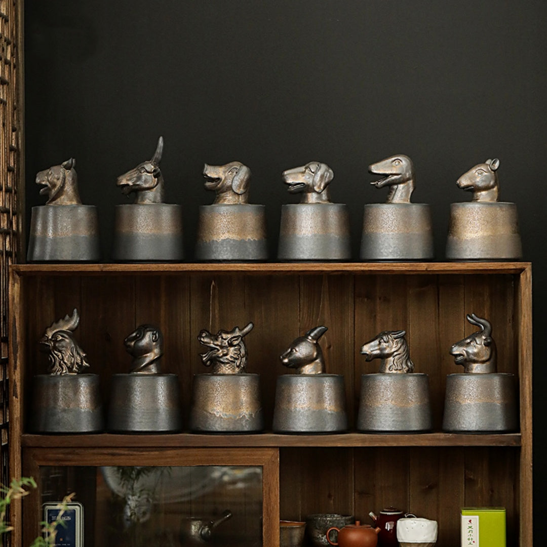 Gilded Zodiac Tea Caddy - 12 Chinese Animal Sign Ceramic Storage Jar