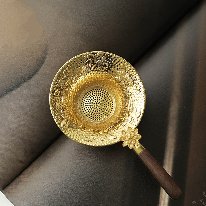 Premium Koi & Plum Blossom Tea Strainer - Alloy Filter with Wooden Handle