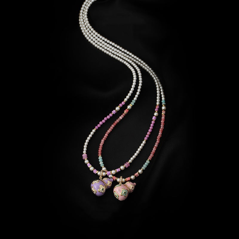 Enamel Gourd Pearl Necklace – Contemporary Chinese Cloisonné Pendant with Natural Gemstones