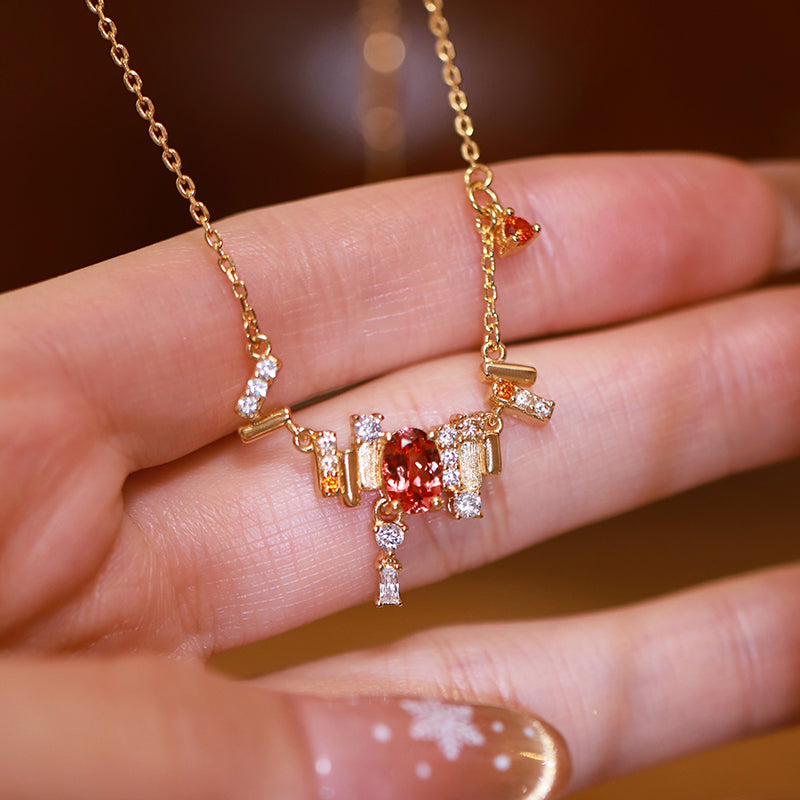 Floating Light and Golden Glow Cultured Sapphire in Padparadscha Color, Retro Sterling Silver Necklace and Ear Cuff Set