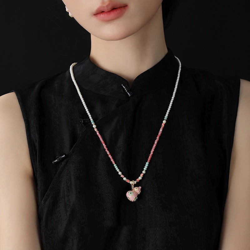 Enamel Gourd Pearl Necklace – Contemporary Chinese Cloisonné Pendant with Natural Gemstones
