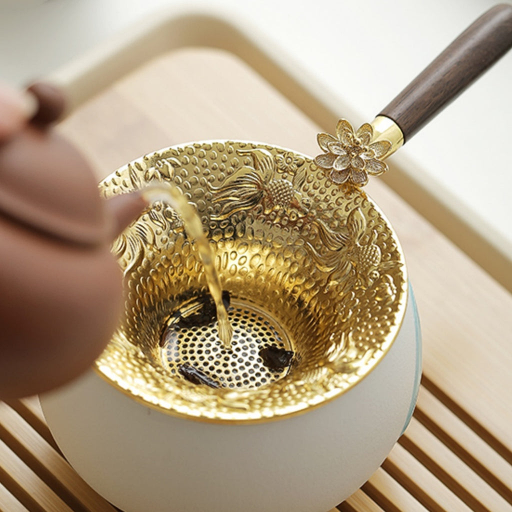 Premium Koi & Plum Blossom Tea Strainer - Alloy Filter with Wooden Handle