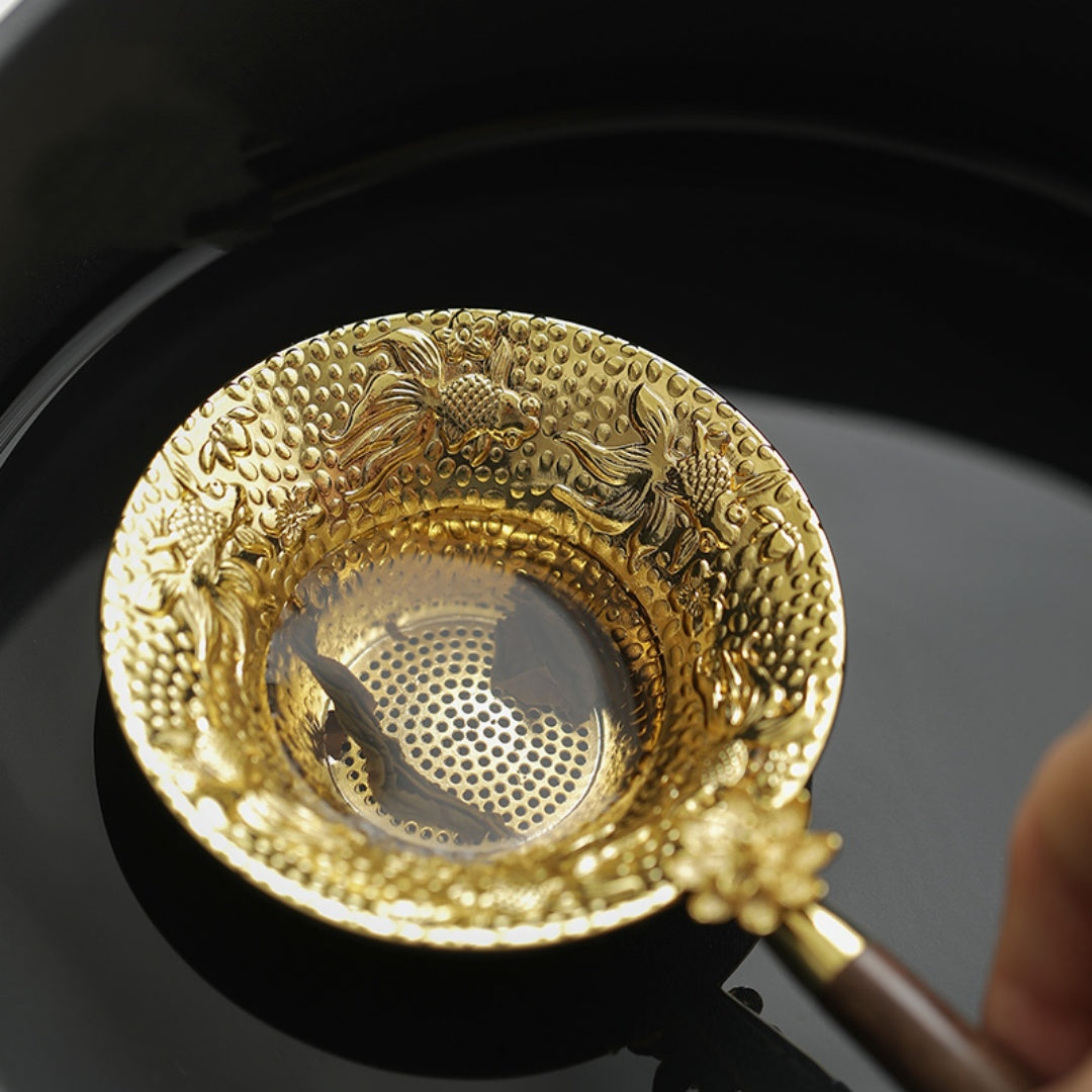 Premium Koi & Plum Blossom Tea Strainer - Alloy Filter with Wooden Handle