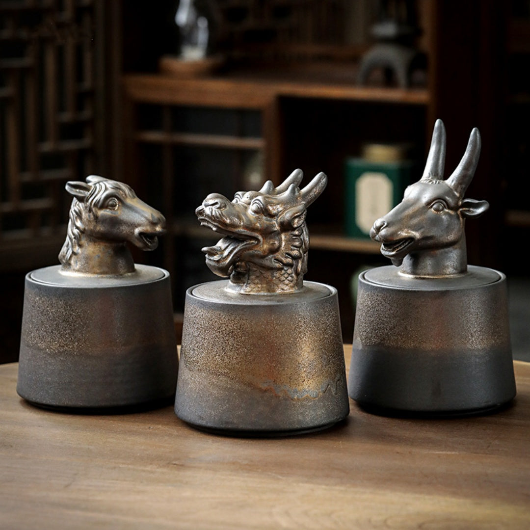 Gilded Zodiac Tea Caddy - 12 Chinese Animal Sign Ceramic Storage Jar