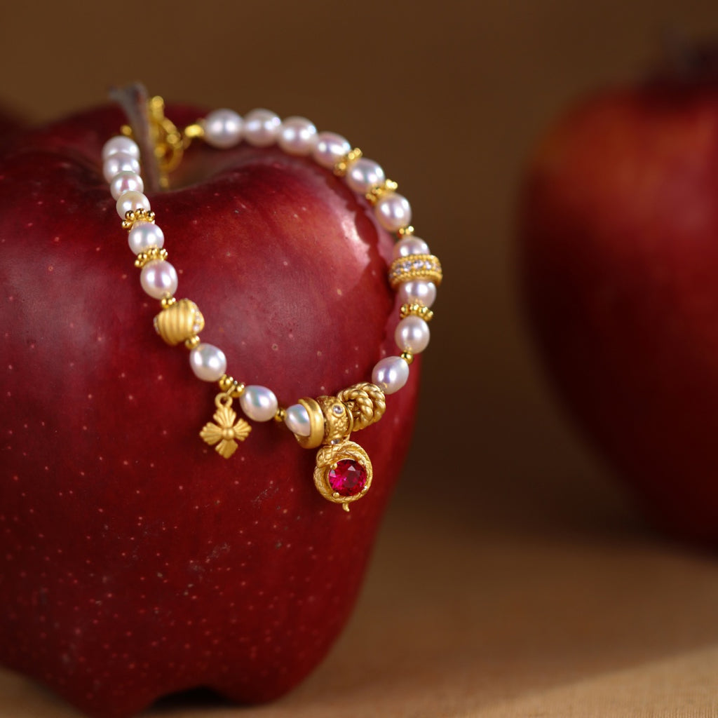 Fortune's Turn New Year Retro Design Natural Pearl & Red Garnet Sterling Silver Bracelet