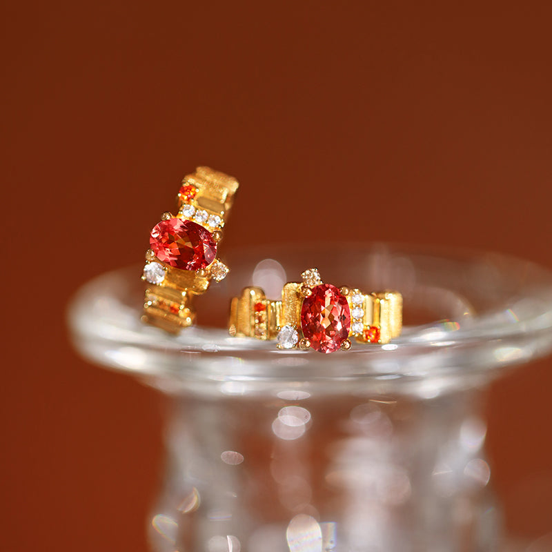 Floating Light and Golden Glow Cultured Sapphire in Padparadscha Color, Retro Sterling Silver Necklace and Ear Cuff Set