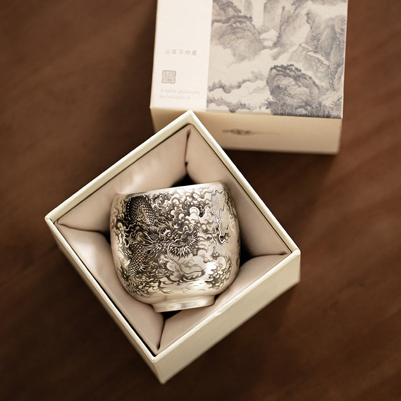 Dragon-Patterned Silver-Glazed Tea Cup