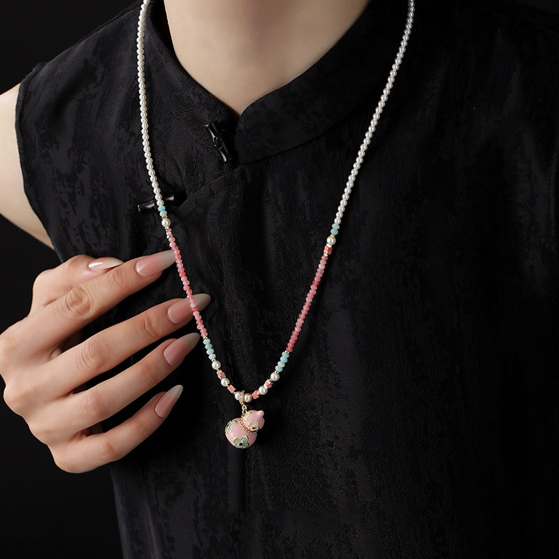 Enamel Gourd Pearl Necklace – Contemporary Chinese Cloisonné Pendant with Natural Gemstones